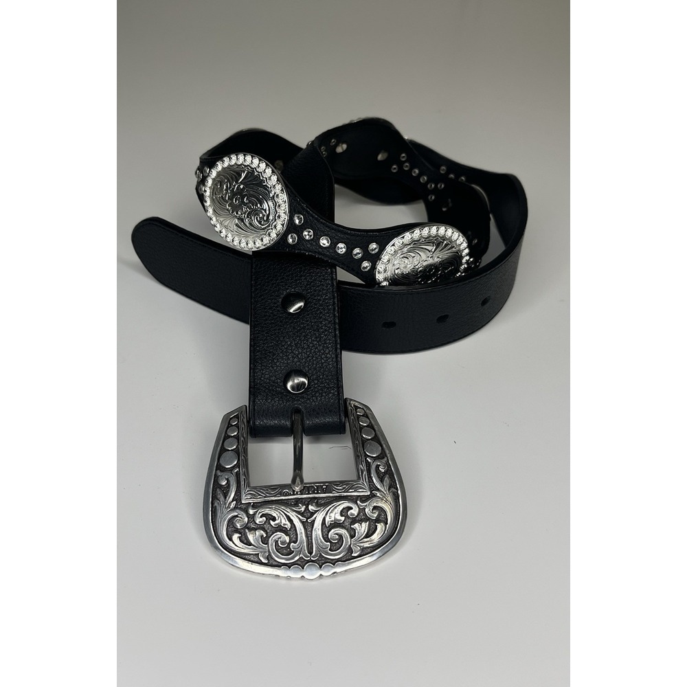 ARIAT Womens Concho Belt Black Leather Rhinestone sz 34 Western Rodeo‎ Silver